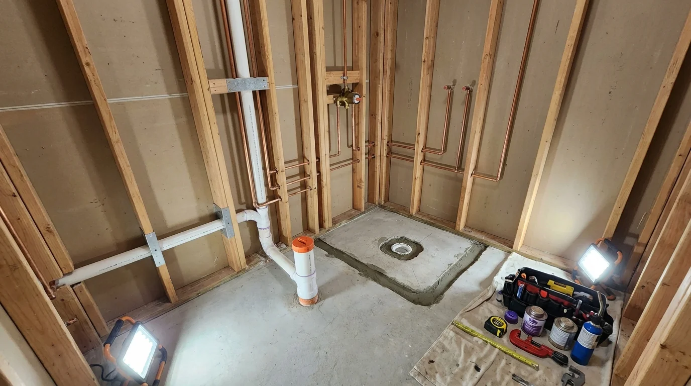 Bathroom rough-in plumbing during remodel by Johns Plumbing LLC in Mukwonago