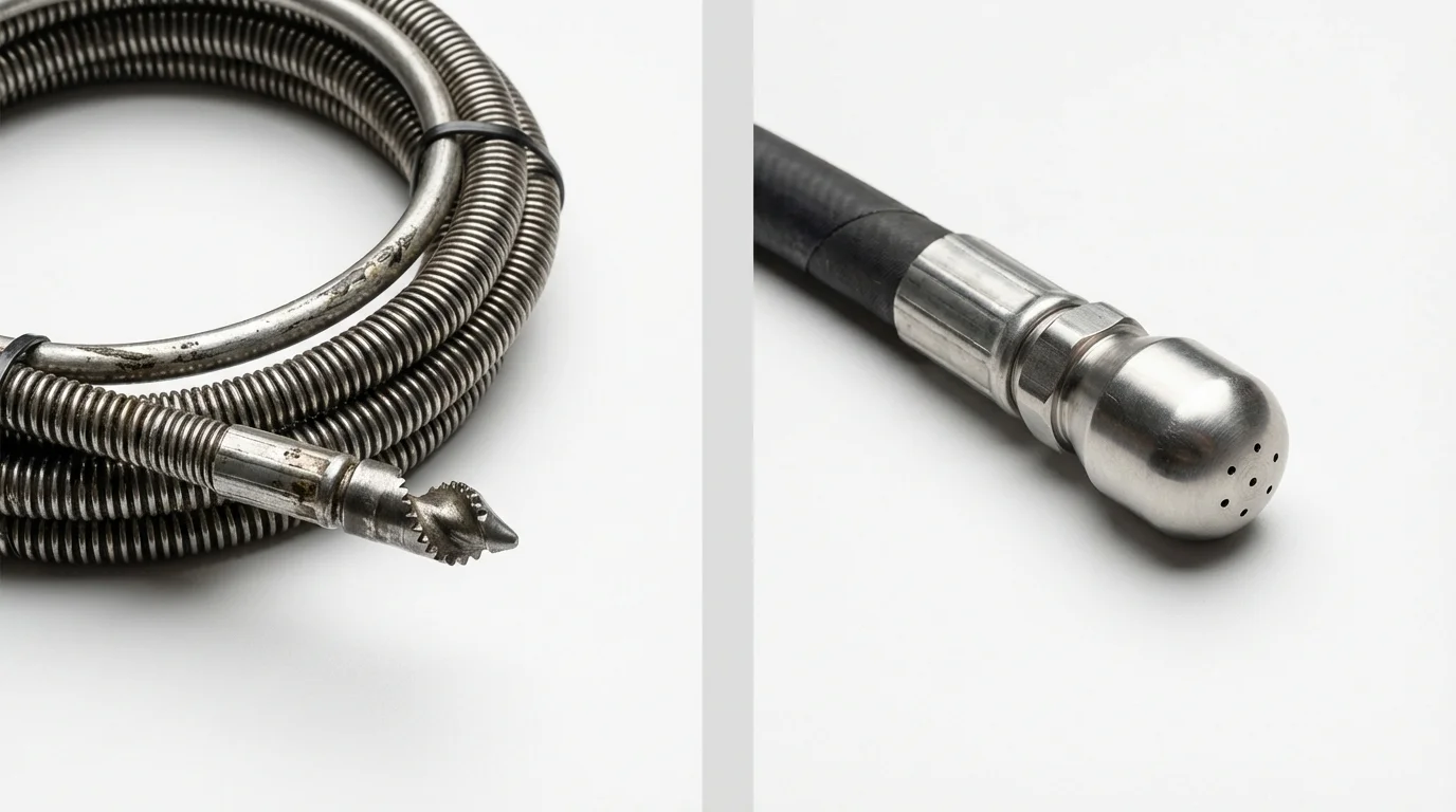 Drain snake cable and hydro jetting nozzle used for drain cleaning in Mukwonago, WI