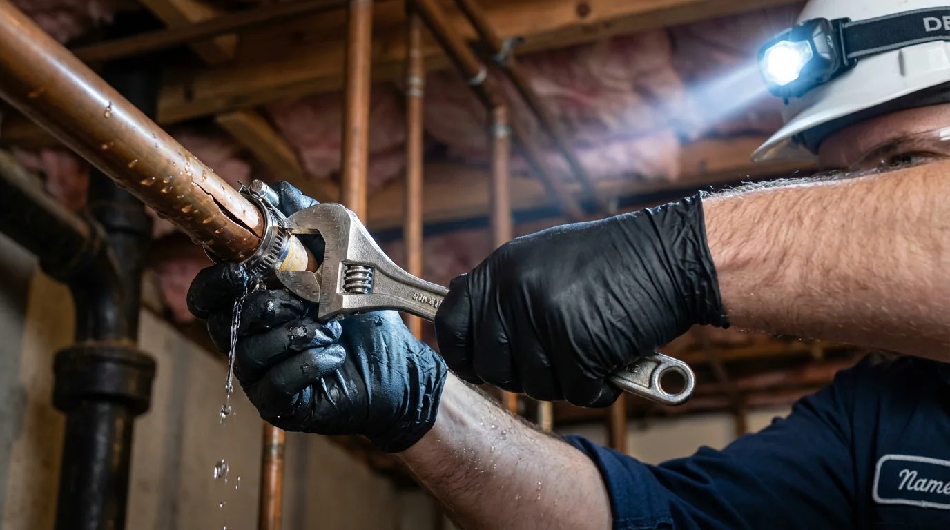 Emergency pipe clamp repair being performed by a Johns Plumbing LLC plumber in Mukwonago