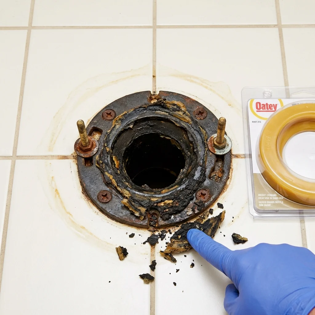 Failed wax ring showing water seepage at the base of a toilet in a Mukwonago, WI home