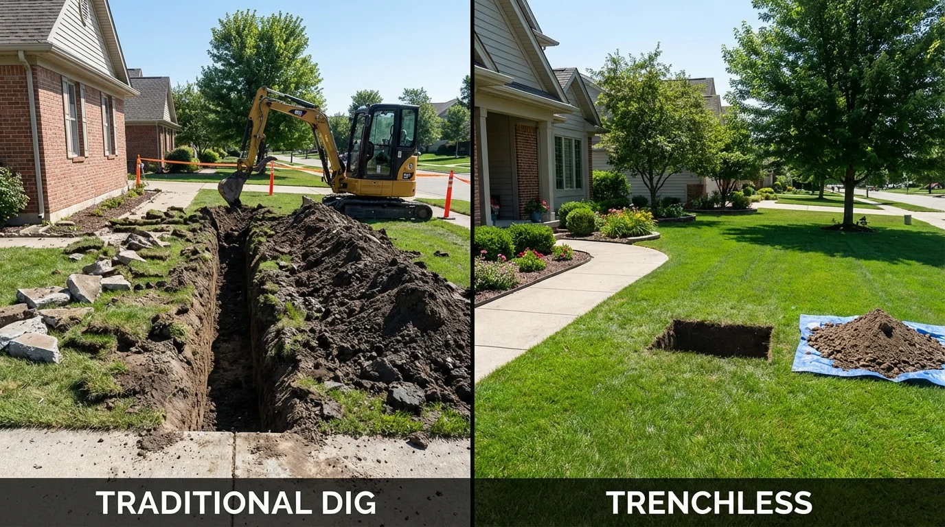 Trenchless sewer repair with minimal yard damage versus traditional excavation in Mukwonago, WI